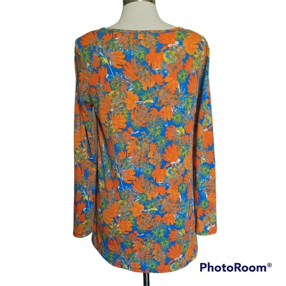 LULAROE VIBRANT LONG SLEEVE ORANGE FLORAL TOP - L